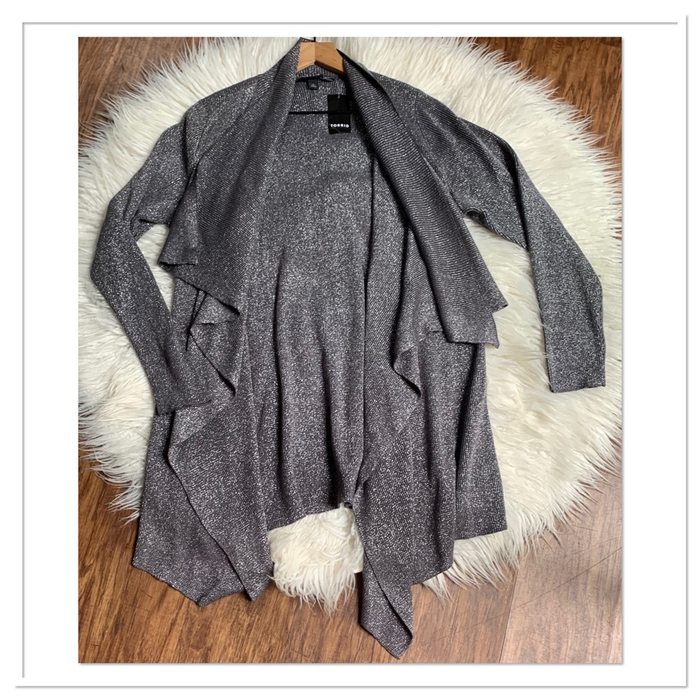 NWT Torrid Ribbed Cardigan Drape Front Shawl Sweater Metallic Grey 2X